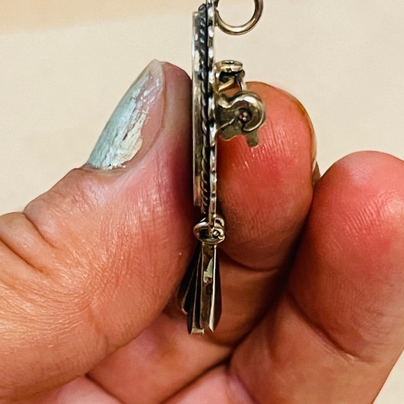 MEXICO 925 STERLING SILVER CRUSHED TURQUOISE INLAY BROOCH PIN PENDANT COMBO - Picture 5 of 7